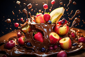 Splashes with fruits, nuts, caramel and milk chocolate, generated ai