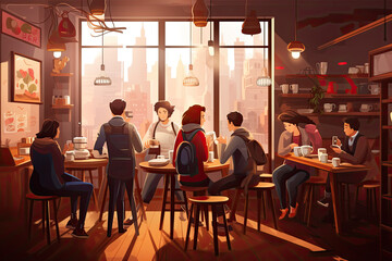 A group of friends in a warm and cozy coffee shop, cafe, restaurant; talking, chatting, discussing, laughing, enjoying each other's company; friendship, love, bonding,