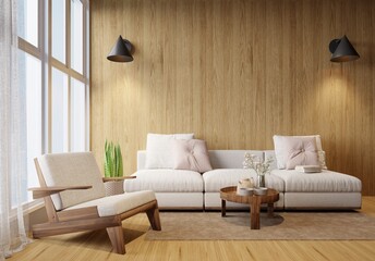 The living room has empty wooden walls, a lamp, and a wooden sofa with cushions in beige tones.3d render