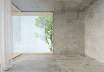 Mock up empty room with polished cement with a mirror and a shiny wooden frame that reflects the outside of the room.3d render