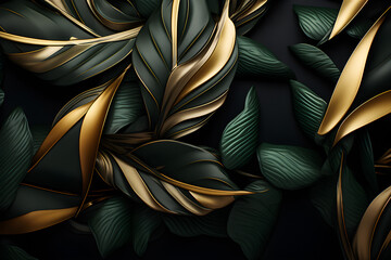 Dark green and golden   jungle leaves  , 3d illustration generated ai
