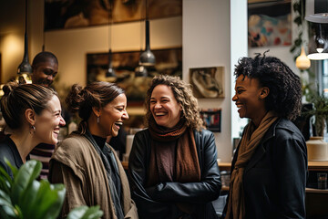 A group of women, friends, in a warm and cozy coffee shop, cafe, restaurant; talking, chatting, discussing, laughing, enjoying each other's company; friendship, love, bonding,