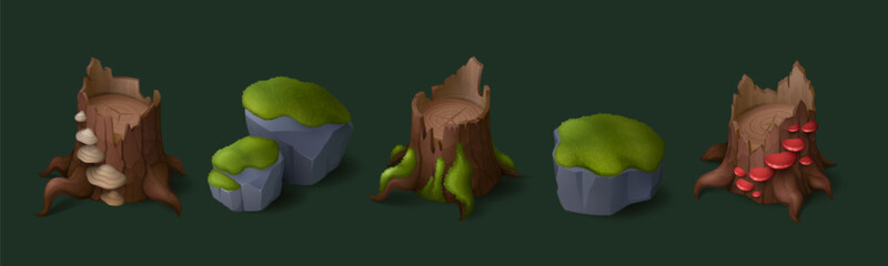 Stump of felled tree and rocks with moss, grass and mushrooms. Cartoon game vector illustration assets set of forest and swamp elements for gui design. Cut trunk and stones with lichen and toadstool.
