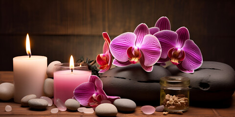 Obraz na płótnie Canvas A pink orchid in the midst of stones with candles illuminating the background,, Serenity in Bloom Spa Ambiance with Orchids and Candlelight Generative Ai