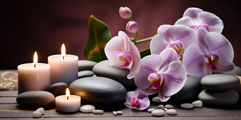 Obraz na płótnie Canvas A spa with a flower arrangement on top of rocks and candles,, Relaxation Haven Wooden Spa Still Life with Orchids Generative Ai