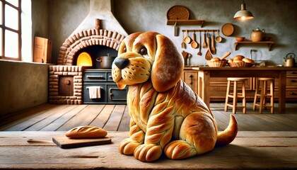 Figura de Perro con pan, pan, perro  - obrazy, fototapety, plakaty
