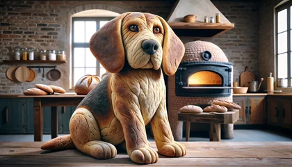Fotobehang Pero hecho de pan con horno casero, pan, perro  © Luis