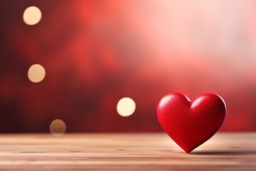 Heart on red background with bokeh and wooden floor