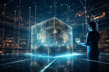 Person in front of a set of blocks understanding the use of blockchain