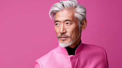 Fotobehang Elegant smiling elderly Asian man with gray hair, on a pink background, banner, copy space, portrait. © ALA