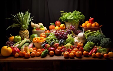 photo of a table full of fresh vegetables, fruit and healthy food. generative ai