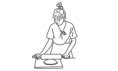 line art of woman rolling dough with rolling pin
