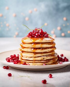 photo of beautiful food pile of vegan pancakes on minimalist background. generative ai