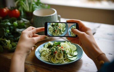 hand holding smart phone taking photo of food on table with smartphone, lunch, raw vegan pasta zucchini. generative ai