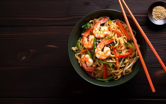 photo of fried noodles stir-fried with vegetables and shrimp in a bowl and chopsticks, minimalist background. generative ai