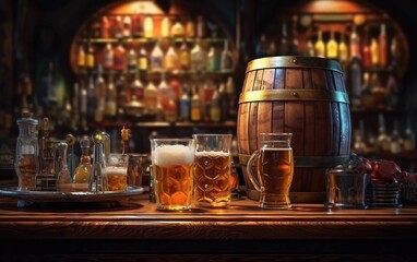 various types of alcoholic drinks and beer on the bar in a tavern. generative ai
