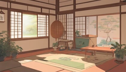 Japanese Traditional Anime House Interior Design Illustration for Background or Wallpaper