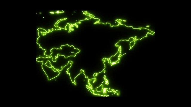 Animated Asia Continent map neon glow blinking for background of technology or business purpose