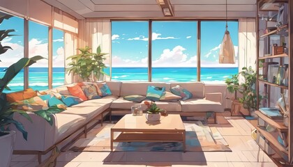 Modern Cozy Anime Living Room with Beautiful Beach View Illustration