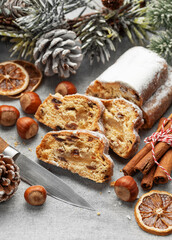 Christmas stollen with winter holidays decoration.