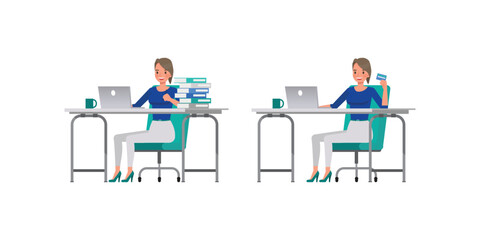 Set of working woman wear blue shirt color character vector design. Presentation in various action. Businesswoman working in office planning, thinking and economic analysis on isolated white backgroun