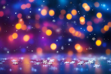 Vibrant defocused background. Bright bokeh with snowflakes.