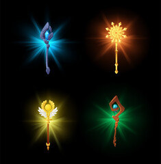 Naklejka premium Magic glowing wands vector set, golden, stone, wooden fairytale stick with miracle gem, wizard and mages weapon rod
