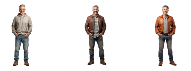 smiling middle aged people standing, full body