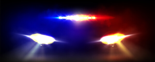 Police car light bar and headlights on black background. Vector realistic illustration of red, blue, yellow flashing siren lamps on emergency vehicle, patrol car flare effect at night, security guard - obrazy, fototapety, plakaty
