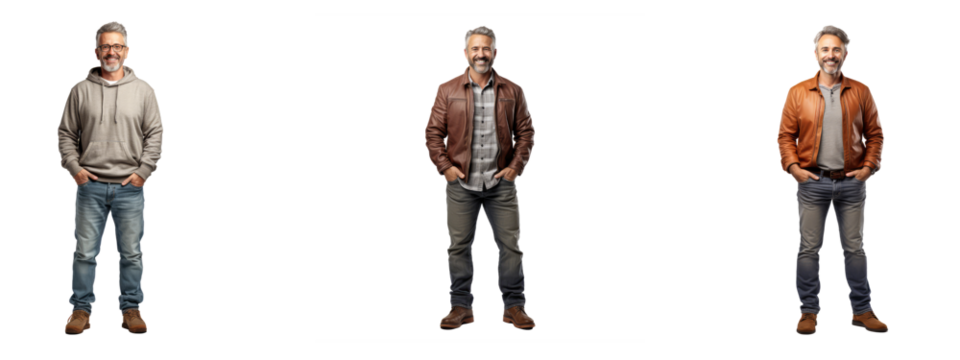 smiling middle aged people standing, full body