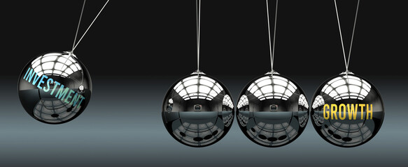 Investment leads to Growth. A metaphor in which investment initiates motion of growth and gives it energy. Cause and effect relation between investment and growth.,3d illustration