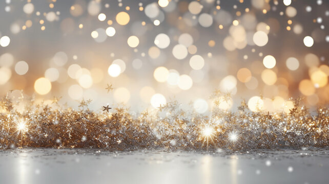 Golden sparkle christmas particles and sprinkles on light bokeh background