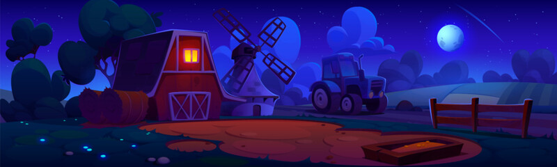 Night farm yard with tractor under starry sky. Vector cartoon illustration of haystacks, wooden trough near barn and old stone windmill, field crops, bushes and trees, moonlit summer village landscape © klyaksun