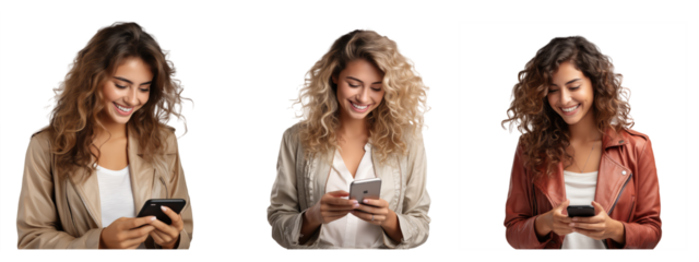 Woman with long hair holding a mobile phone, happy smiling