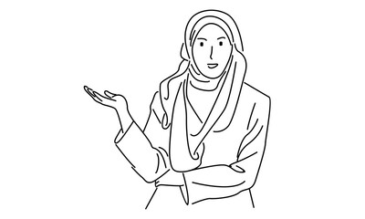 line art of hijab woman presenting hand style in a meeting
