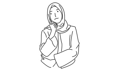 line art of arabic female pensive in hijab scarf