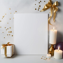 Fototapeta na wymiar Blank white empty frame, white note or mock up with gift ribbon bow, balloons and confetti for Birthday, Merry Christmas and New Year decoration, Generative AI.