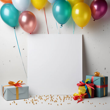 Blank white empty frame, white note or mock up with gift ribbon bow, balloons and confetti for Birthday, Merry Christmas and New Year decoration, Generative AI.