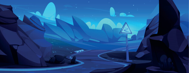 Winding mountain road perspective at night. Vector cartoon illustration of warning traffic sign on highway, huge rocky stones along steep route with sharp turns, stars in dark sky, canyon on horizon