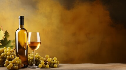 白ワインのボトルとグラスと白ブドウの背景