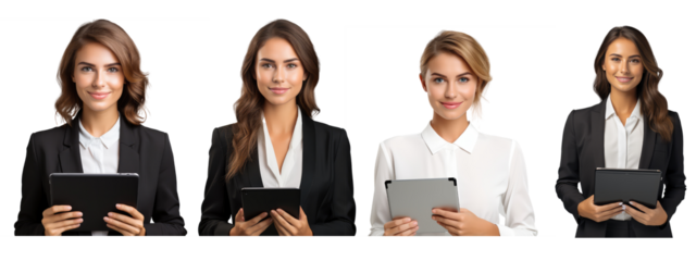 smiling business woman standing,she is holding up a tablet