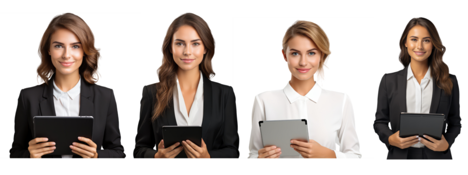 smiling business woman standing,she is holding up a tablet