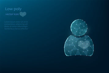 A man with a heart made of mesh and dots on a dark blue background. Low poly illustration of a man with a heart.