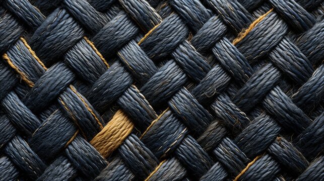 Close-up view of intricately woven dark blue fabric with contrasting gold thread