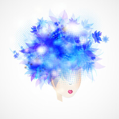 Vector illustration of a girl with blue hair, a silhouette with an abstract month.