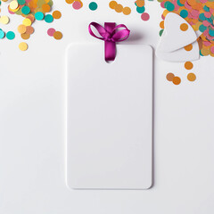 Blank white empty price tag, white note or gift card mock up with colorful gift ribbon bow and confetti for Birthday, Merry Christmas and New Year decoration, Generative AI.