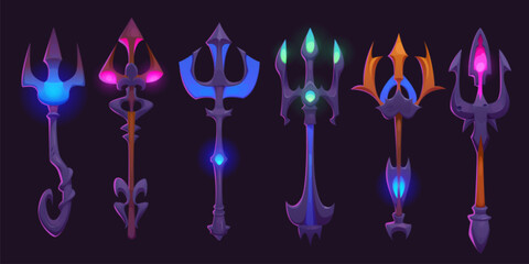 Cartoon god trident - vector illustration set of poseidon or neptune staff with three ends and glowing jewelry decorations. Magic fantasy game asset of metallic spear with fork limb and gemstones. - obrazy, fototapety, plakaty