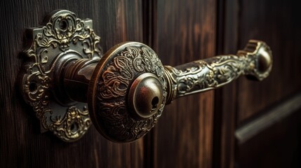 A close-up of an open wooden door handle with iron latch - obrazy, fototapety, plakaty