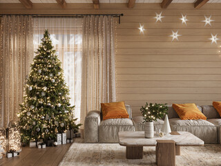 Cozy home interior with beige wood walls adorned with Christmas tree and gift boxes. New Year background, 3d rendering 