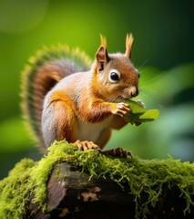 A cute squirrel eating a leaf on a mossy log in nature. Generative AI.